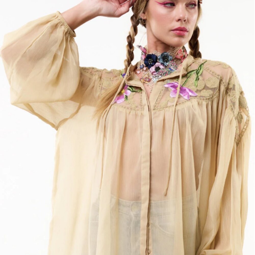 Sheer Embroidered Peasant Blouse - Cream